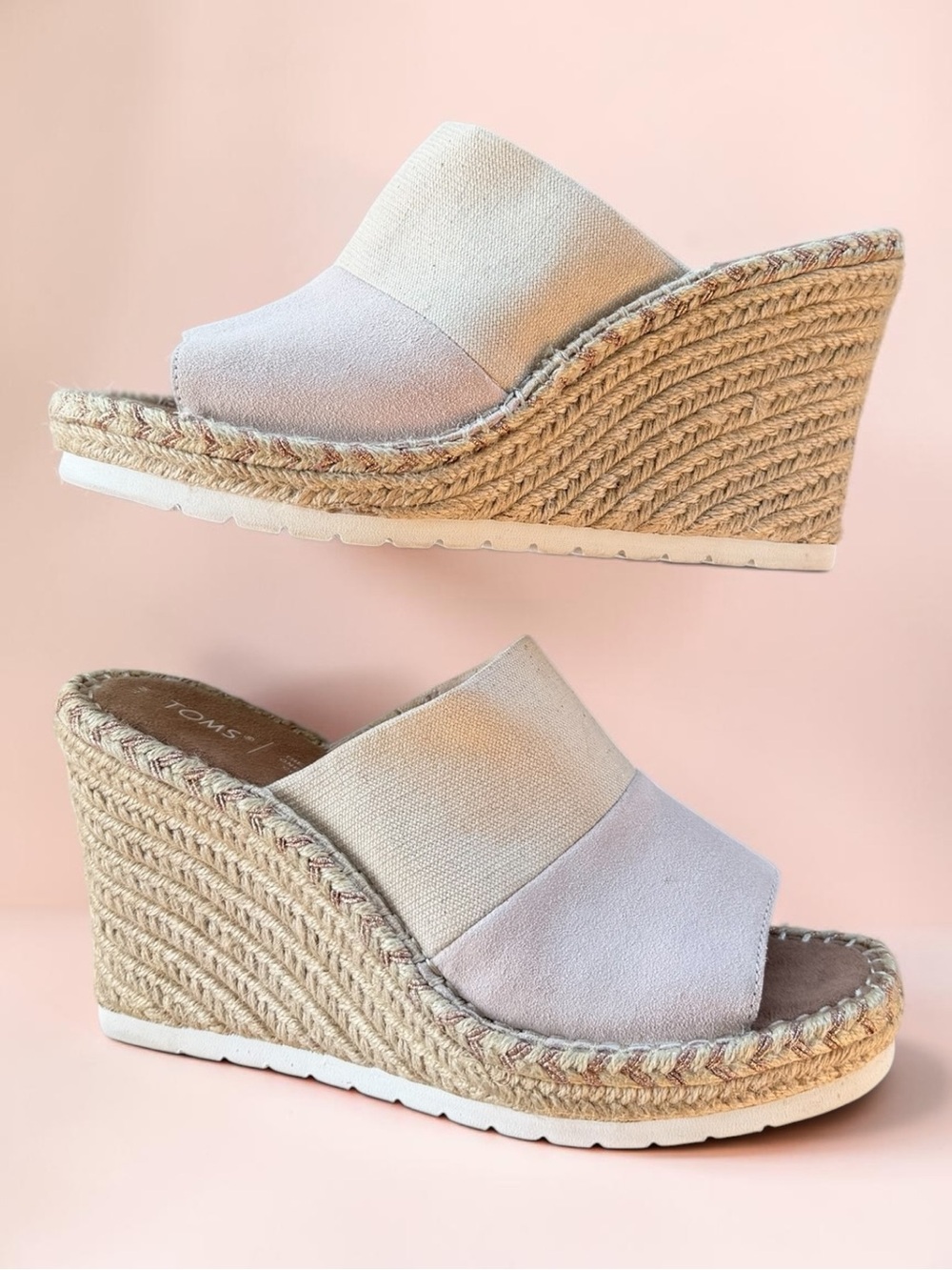 TOMS Pink & Beige Espadrille Wedge Slides - Picture 3 of 7